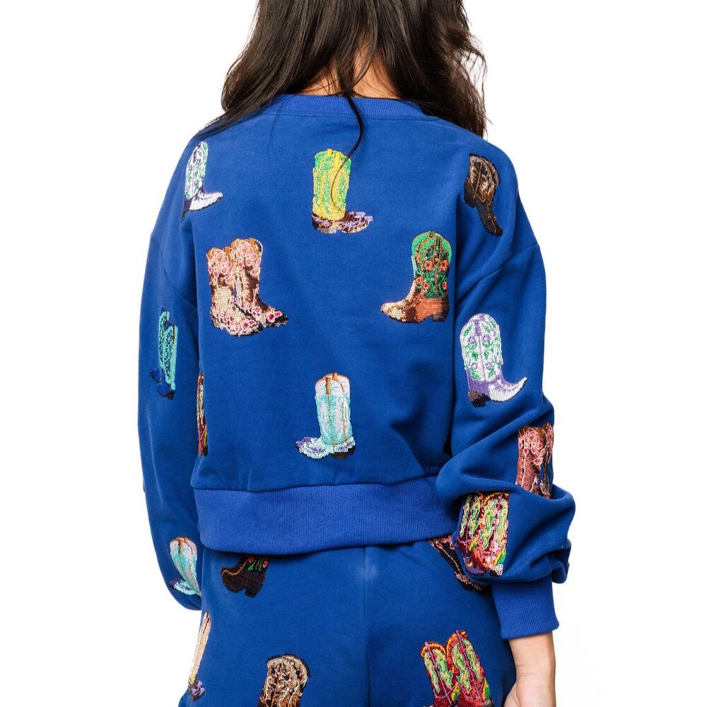 NEW Queen Of Sparkles-Royal Blue Multi Cowboy Boot Sweatshirt - Picture 2 of 2